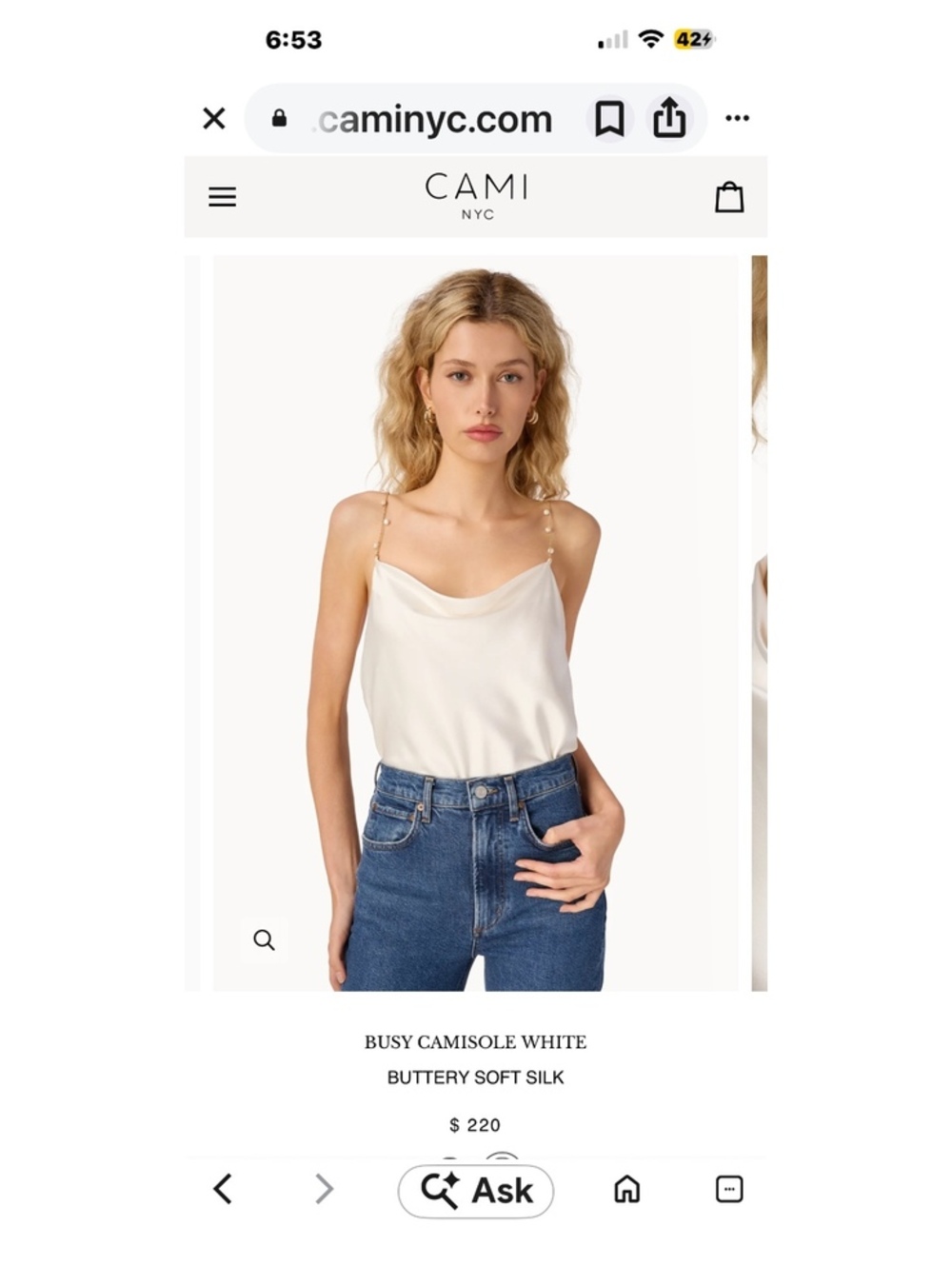 CAMI NYC Busy Crystal Strap Silk Camisole Cowl Neck Tank Top White Size Small